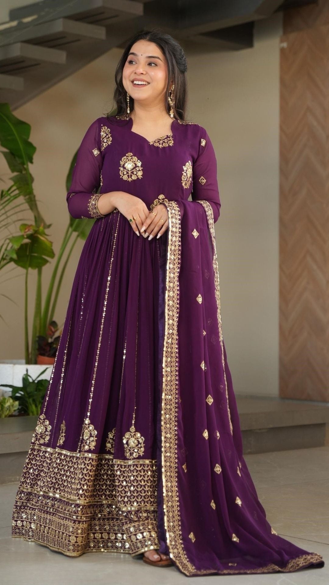 Faux Blooming Georgette Gown with Scarf