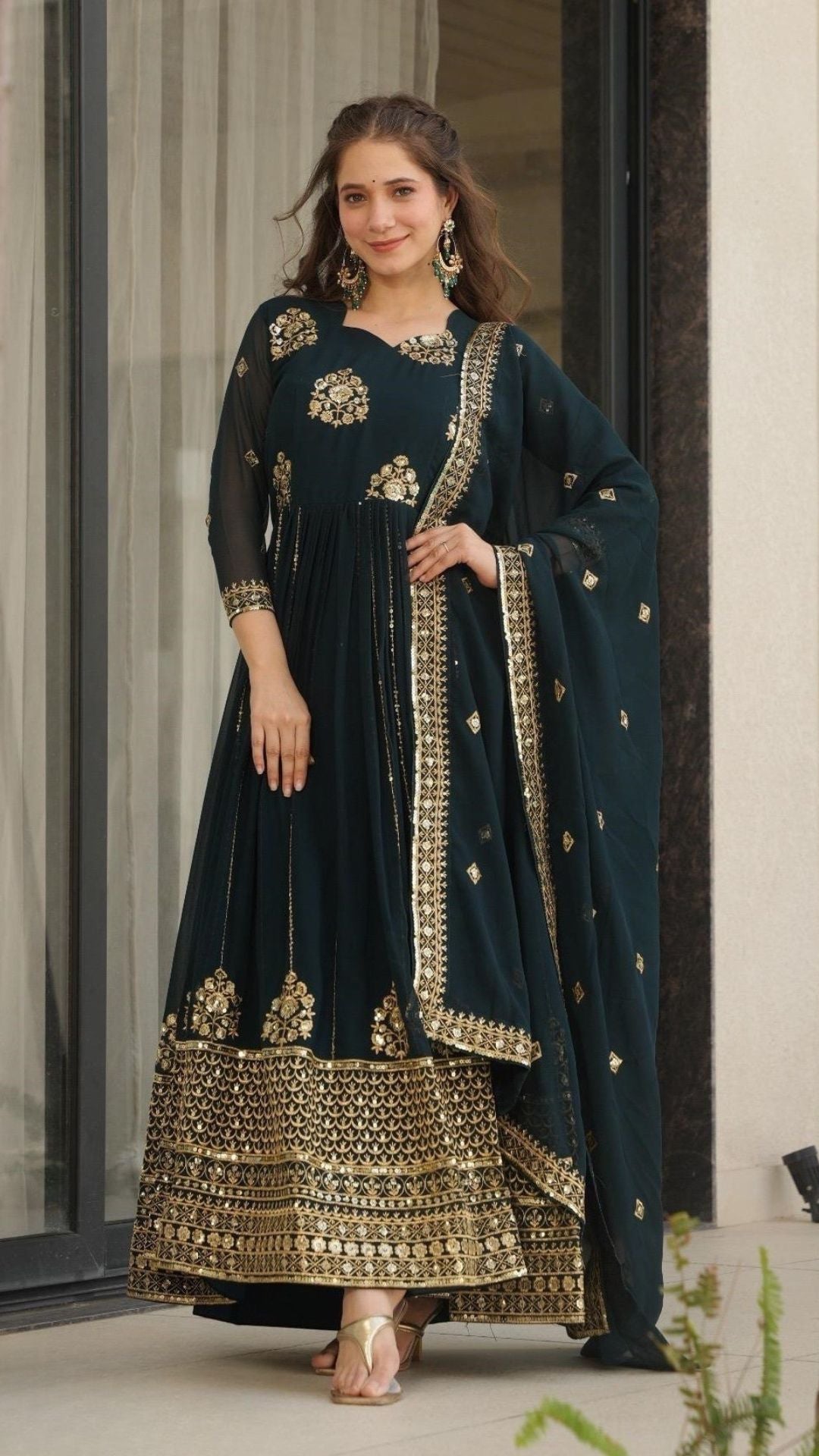 Faux Blooming Georgette Gown with Scarf (Peacock Blue)