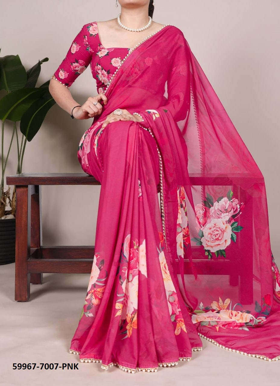 Georgette Floral Print Sari with Pearl Border