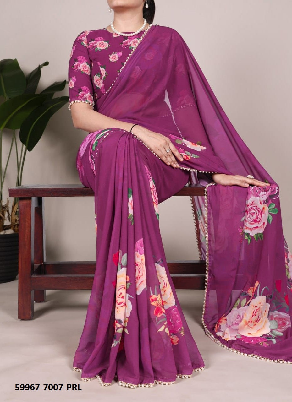 Georgette Floral Print Sari with Pearl Border
