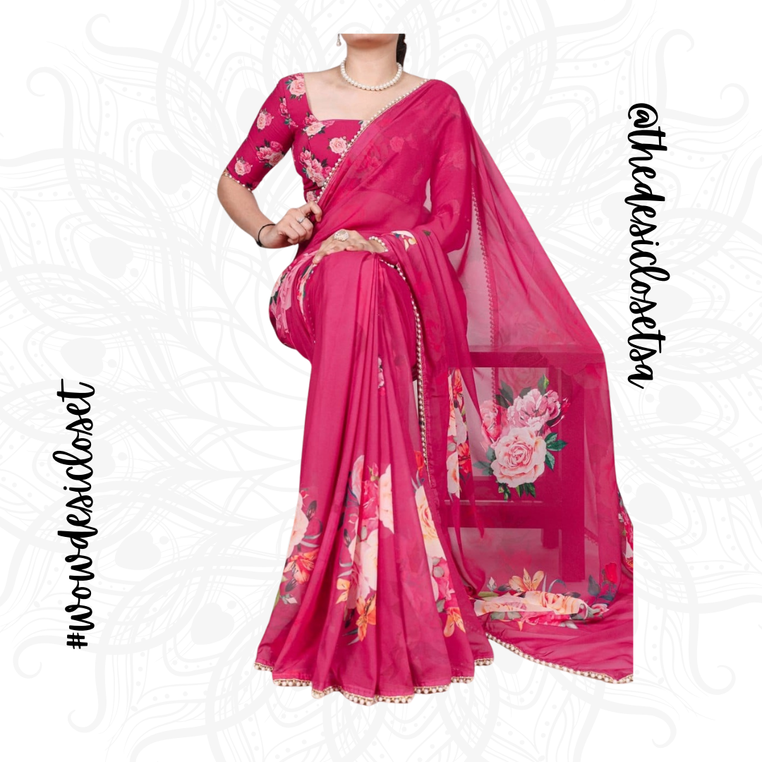 Georgette Floral Print Sari with Pearl Border