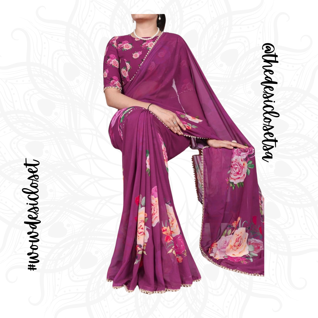 Georgette Floral Print Sari with Pearl Border