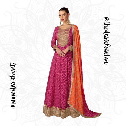 Chinon Digital Print Gown with Embroidery Work and Dupatta