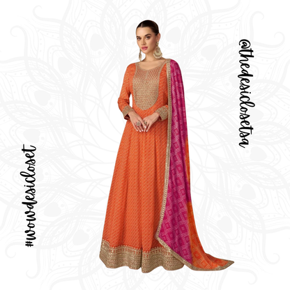Chinon Digital Print Gown with Embroidery Work and Dupatta