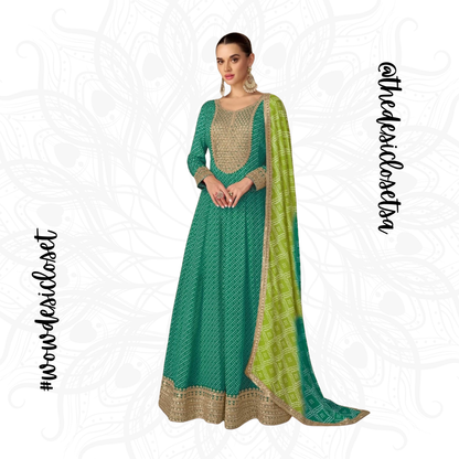 Chinon Digital Print Gown with Embroidery Work and Dupatta
