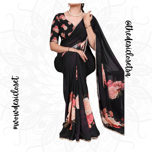 Georgette Floral Print Sari with Pearl Border