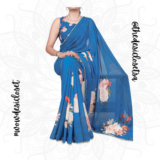 Georgette Floral Print Sari with Pearl Border