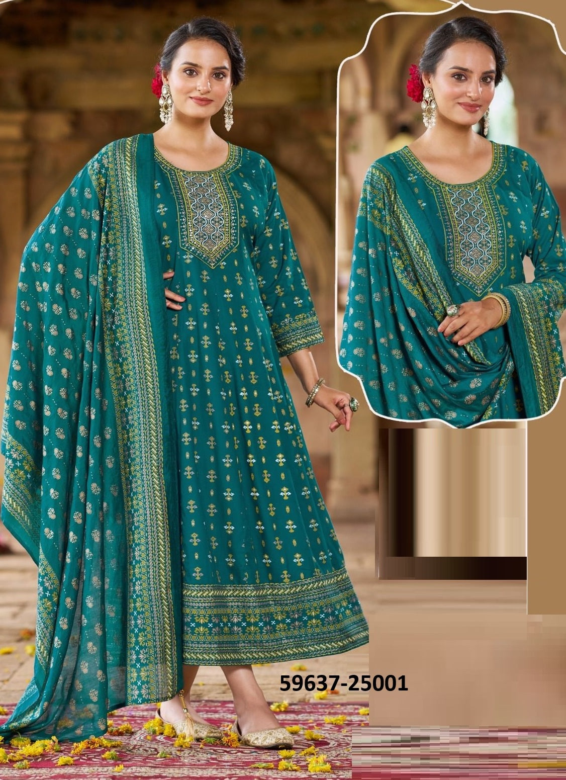 Rayon Foil Print Dress with Chanderi Dupatta