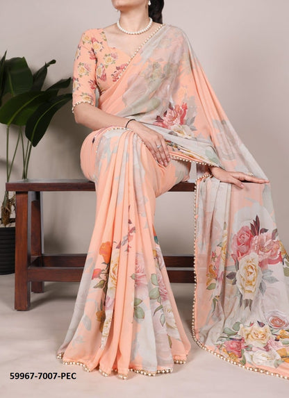 Georgette Floral Print Sari with Pearl Border