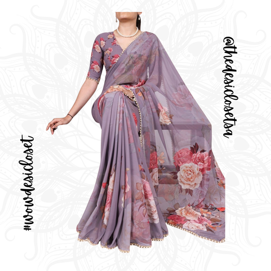 Georgette Floral Print Sari with Pearl Border