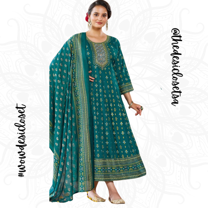 Rayon Foil Print Dress with Chanderi Dupatta