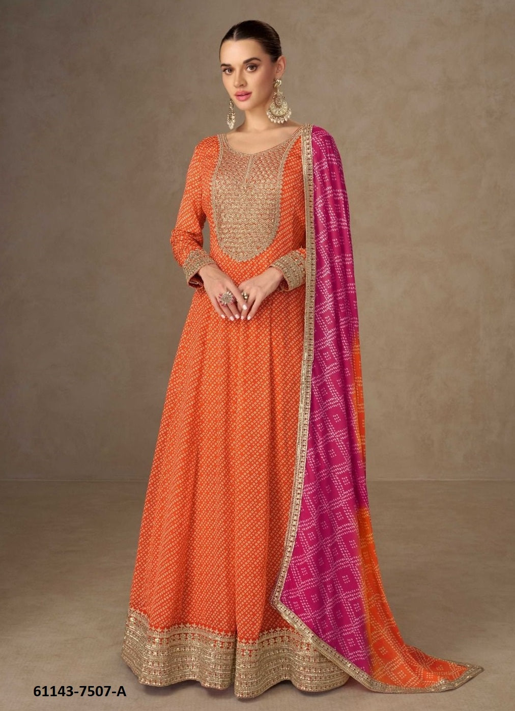 Chinon Digital Print Gown with Embroidery Work and Dupatta