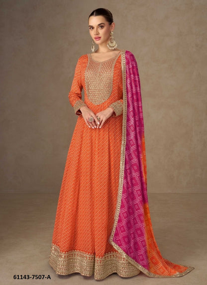 Chinon Digital Print Gown with Embroidery Work and Dupatta