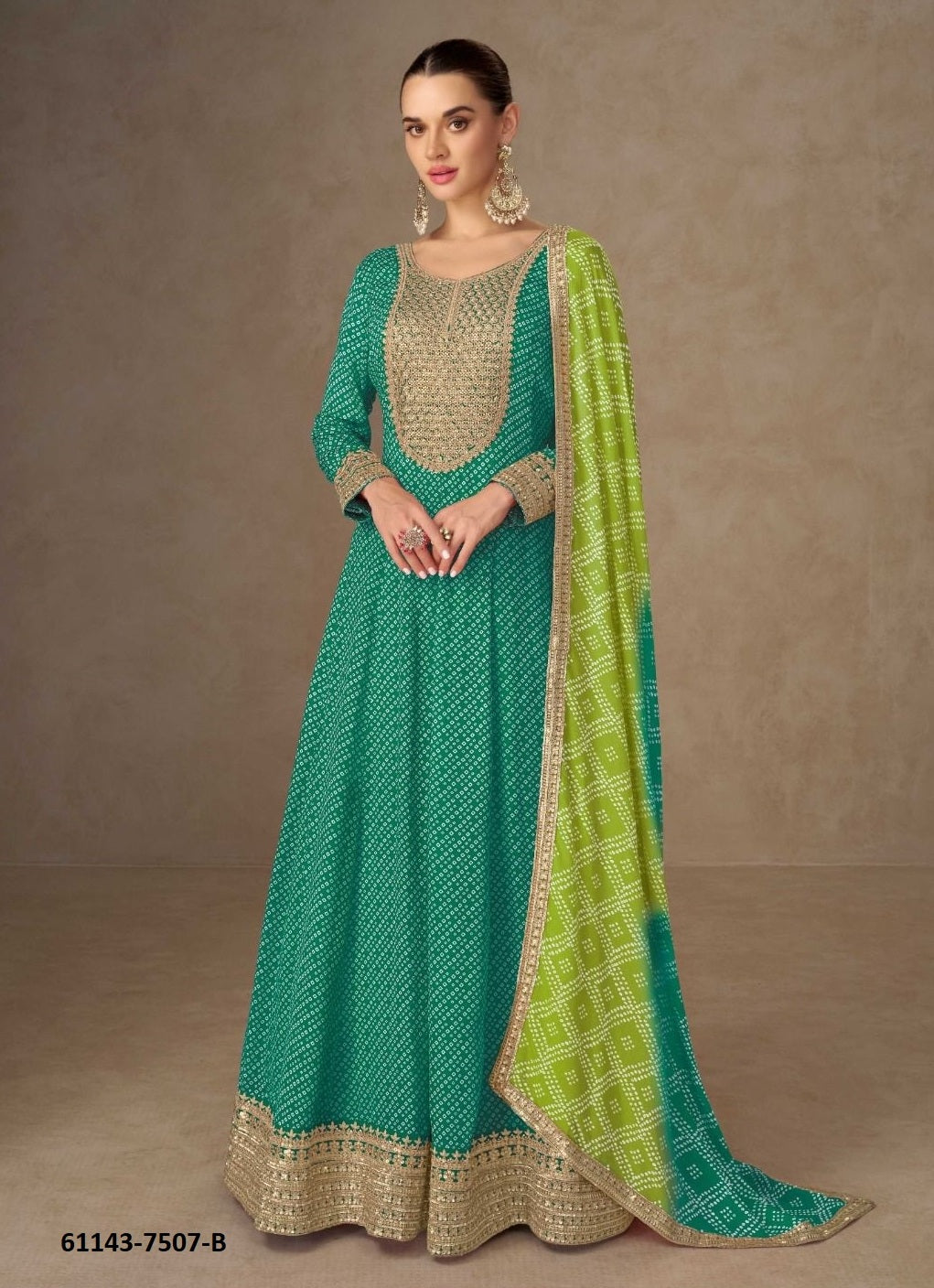 Chinon Digital Print Gown with Embroidery Work and Dupatta