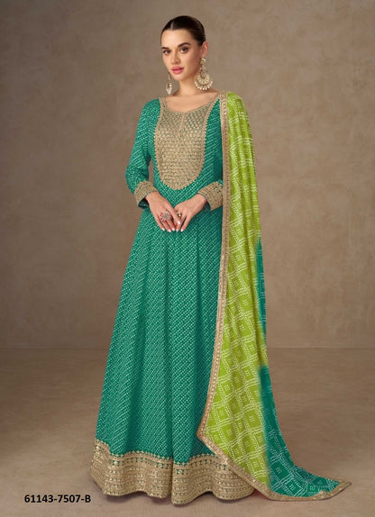Chinon Digital Print Gown with Embroidery Work and Dupatta