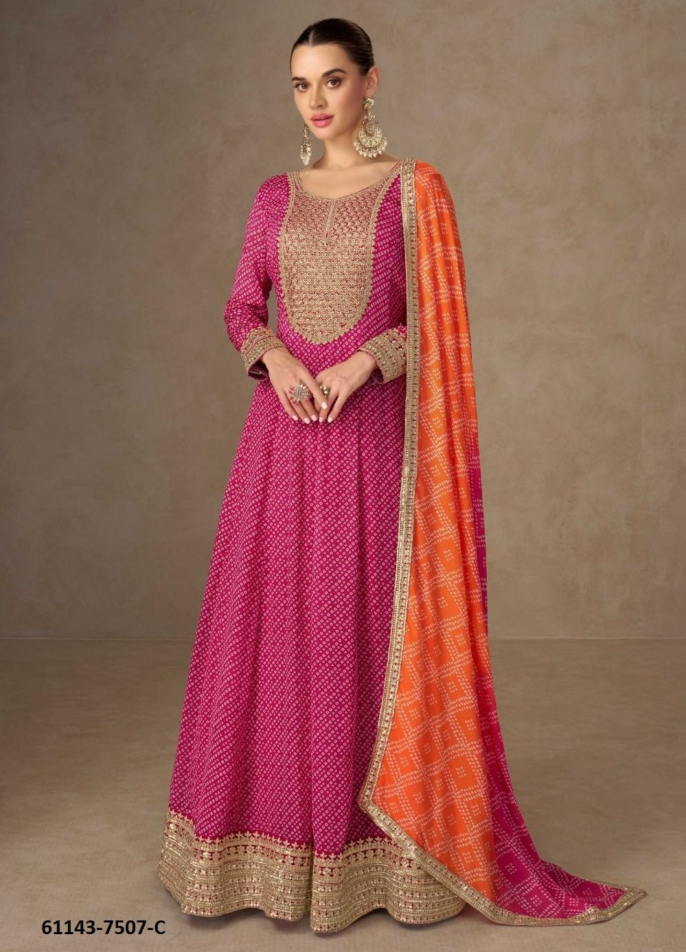 Chinon Digital Print Gown with Embroidery Work and Dupatta