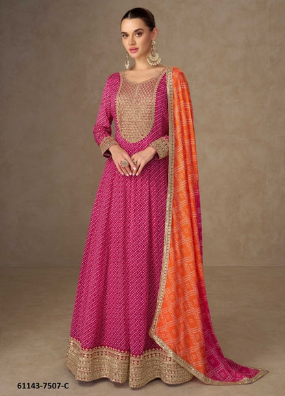 Chinon Digital Print Gown with Embroidery Work and Dupatta