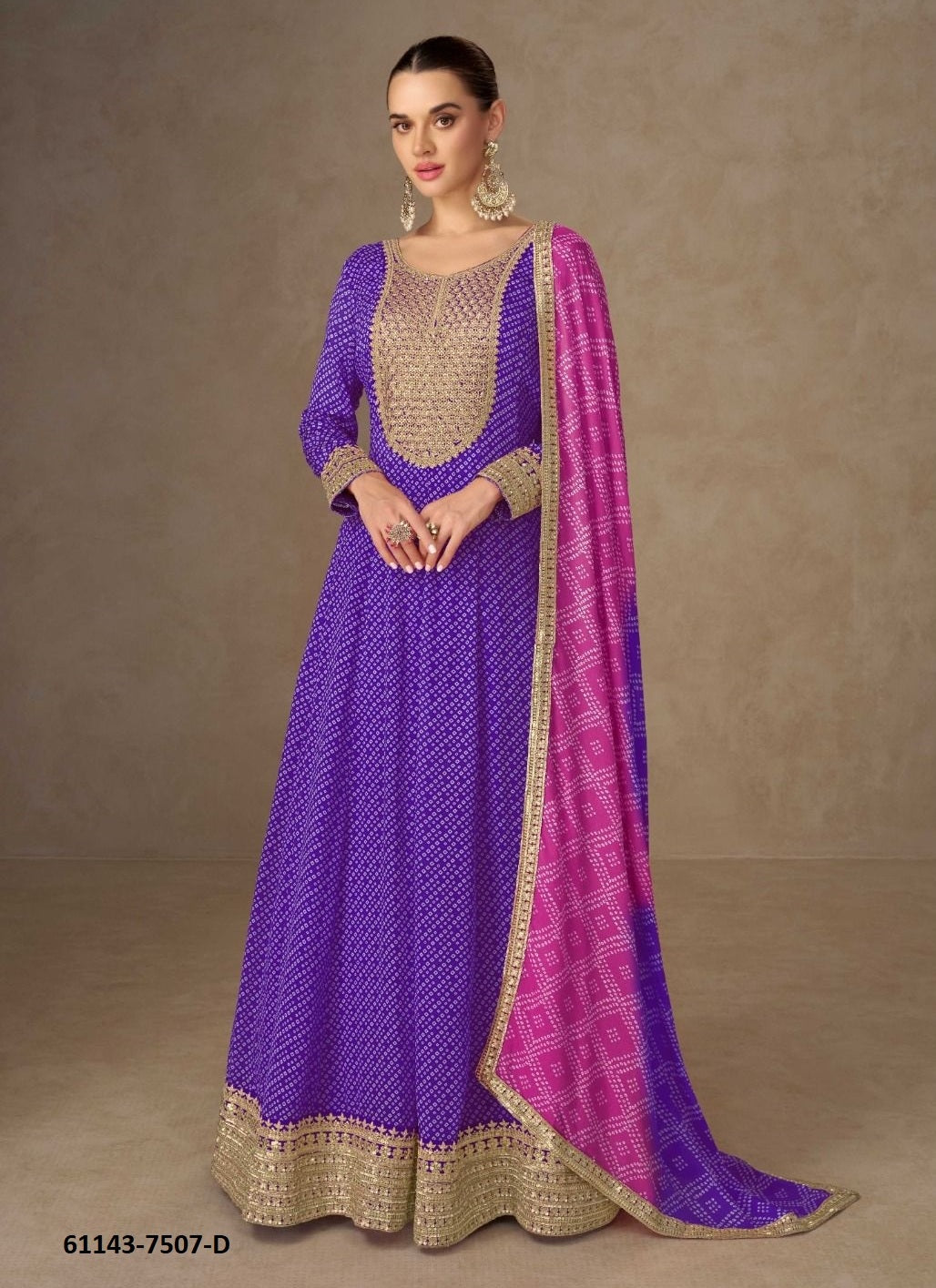 Chinon Digital Print Gown with Embroidery Work and Dupatta