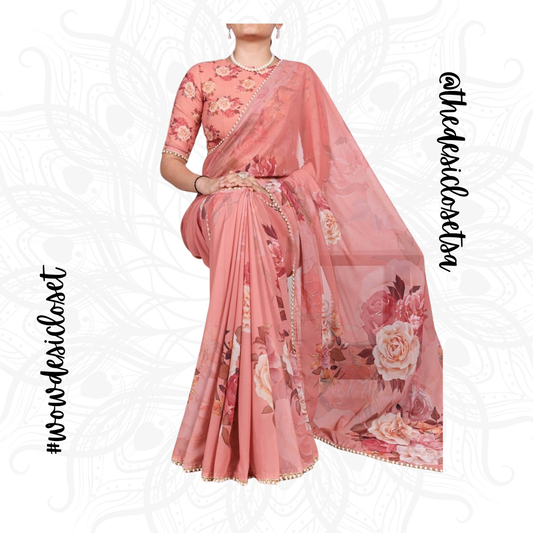 Georgette Floral Print Sari with Pearl Border