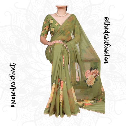 Georgette Floral Print Sari with Pearl Border