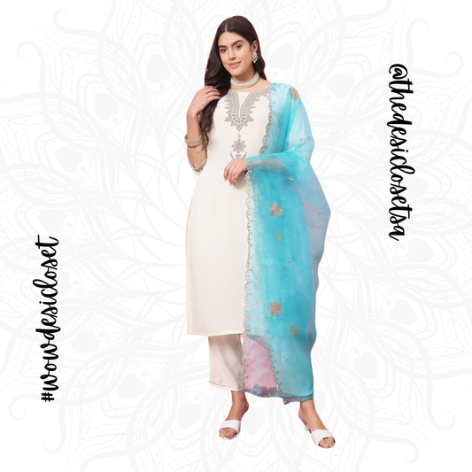 White Viscose Roman Silk Salwar (Dupatta is Dark Sea Green)