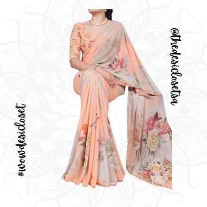 Georgette Floral Print Sari with Pearl Border